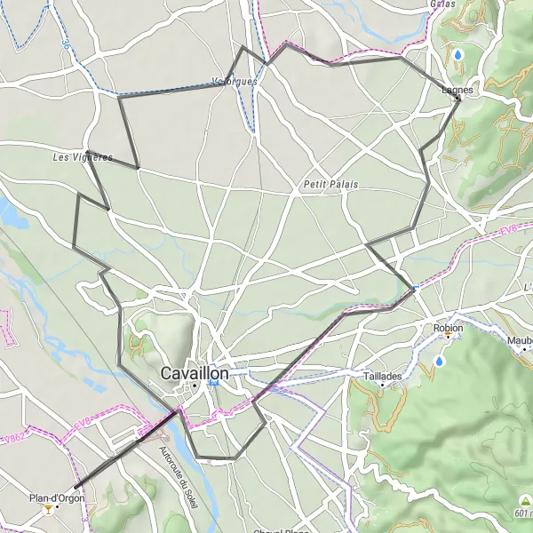 Zemljevid v pomanjšavi "Raziskovanje Provanske pokrajine" kolesarske inspiracije v Provence-Alpes-Côte d’Azur, France. Generirano z načrtovalcem kolesarskih poti Tarmacs.app