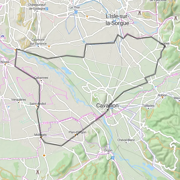Zemljevid v pomanjšavi "Sproščena kolesarska vožnja v Provansi" kolesarske inspiracije v Provence-Alpes-Côte d’Azur, France. Generirano z načrtovalcem kolesarskih poti Tarmacs.app
