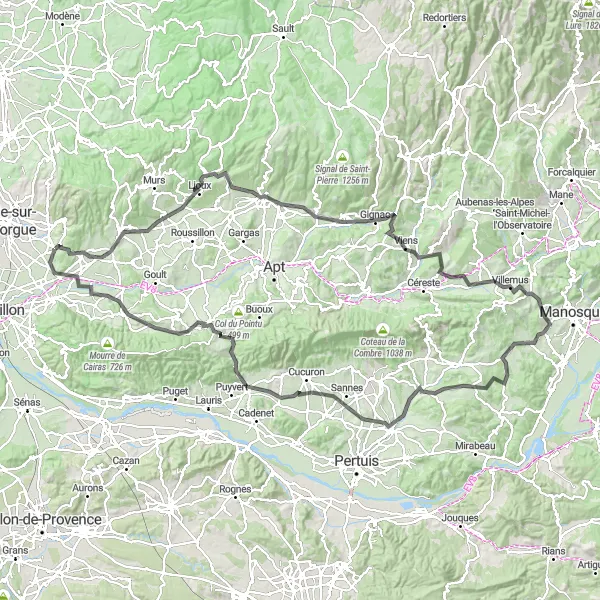 Mapa miniatúra "Okruh okolo Lagnes - Gordes - Viens" cyklistická inšpirácia v Provence-Alpes-Côte d’Azur, France. Vygenerované cyklistickým plánovačom trás Tarmacs.app