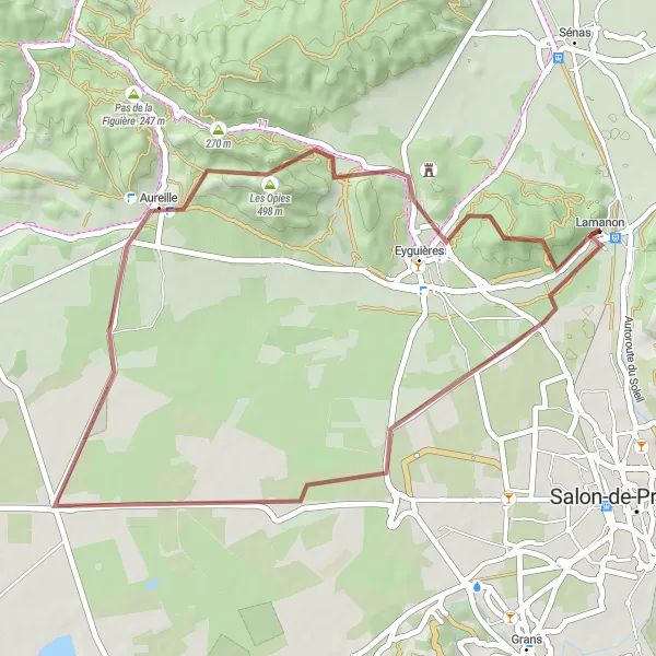 Mapa miniatúra "Gravelový okruh cez Grottes de Calès a Aureille" cyklistická inšpirácia v Provence-Alpes-Côte d’Azur, France. Vygenerované cyklistickým plánovačom trás Tarmacs.app