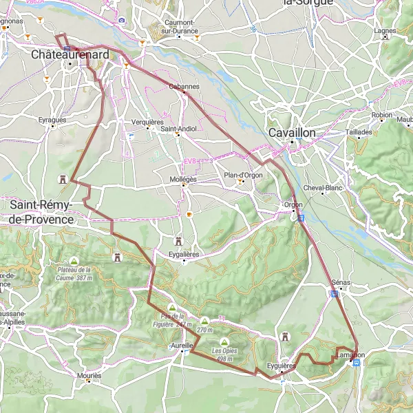 Miniatura mapy "Podróż przez Aureille i Châteaurenard" - trasy rowerowej w Provence-Alpes-Côte d’Azur, France. Wygenerowane przez planer tras rowerowych Tarmacs.app