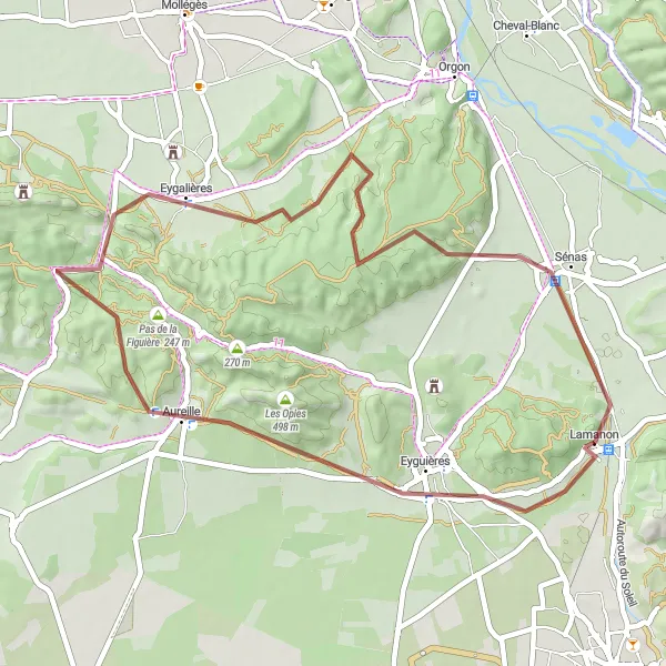 Miniaturní mapa "Gravelová cyklotrasa okolo Lamanonu" inspirace pro cyklisty v oblasti Provence-Alpes-Côte d’Azur, France. Vytvořeno pomocí plánovače tras Tarmacs.app
