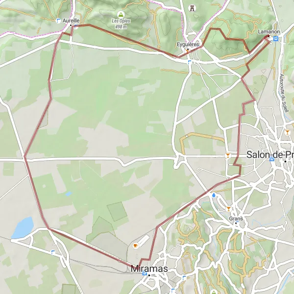 Mapa miniatúra "Gravelový okruh Calès - Lamanon" cyklistická inšpirácia v Provence-Alpes-Côte d’Azur, France. Vygenerované cyklistickým plánovačom trás Tarmacs.app