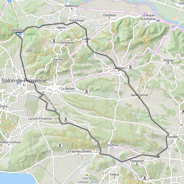 Mapa miniatúra "Cesta cez Alleins a Château du Petit Pommier" cyklistická inšpirácia v Provence-Alpes-Côte d’Azur, France. Vygenerované cyklistickým plánovačom trás Tarmacs.app