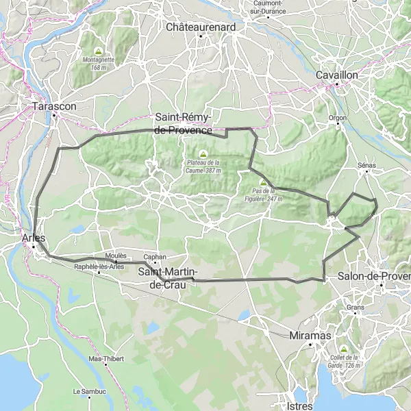 Kartminiatyr av "Arles to Eyguières Circuit" cykelinspiration i Provence-Alpes-Côte d’Azur, France. Genererad av Tarmacs.app cykelruttplanerare