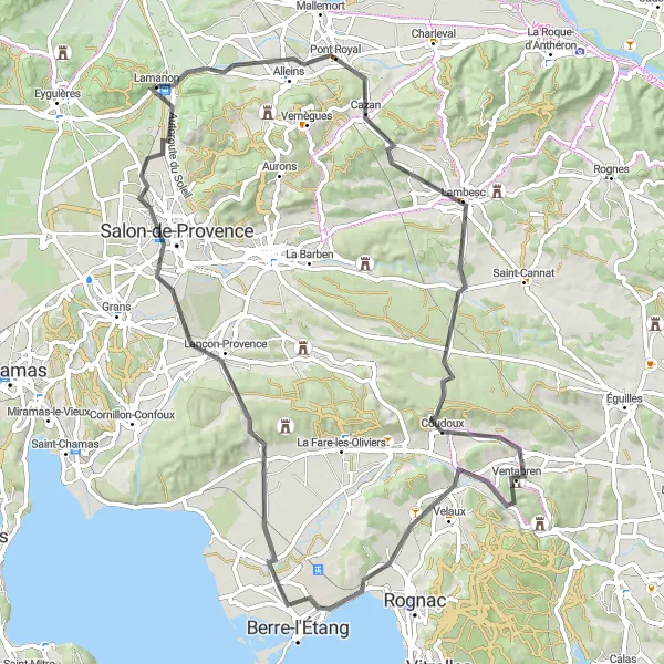 Zemljevid v pomanjšavi "Kolesarska pot okoli Lamanona - Provansa" kolesarske inspiracije v Provence-Alpes-Côte d’Azur, France. Generirano z načrtovalcem kolesarskih poti Tarmacs.app