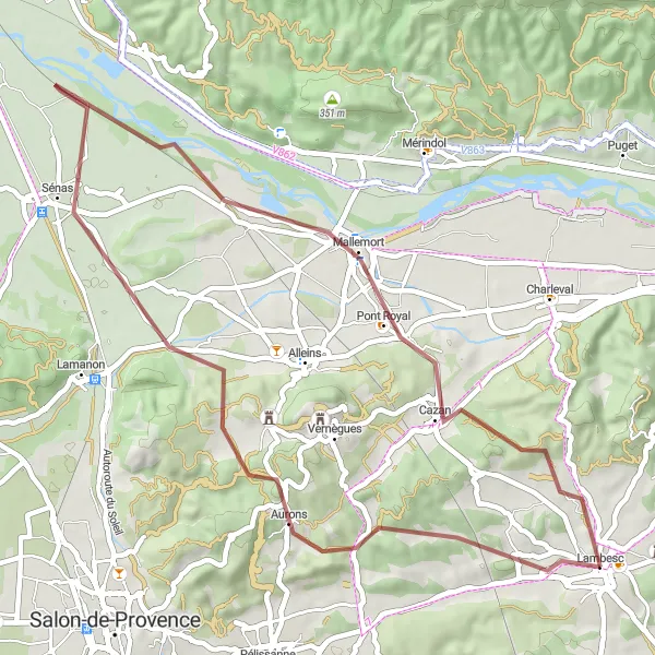 Miniaturní mapa "Gravelový výlet kolem Lambesc" inspirace pro cyklisty v oblasti Provence-Alpes-Côte d’Azur, France. Vytvořeno pomocí plánovače tras Tarmacs.app