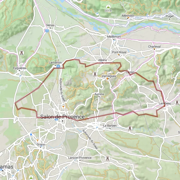 Miniaturní mapa "Kulturní Cyklotrasa Kolem Lambesc" inspirace pro cyklisty v oblasti Provence-Alpes-Côte d’Azur, France. Vytvořeno pomocí plánovače tras Tarmacs.app