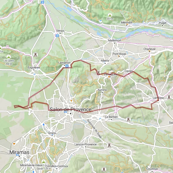 Miniaturní mapa "Gravel Cyklotrasa kolem Lambesc" inspirace pro cyklisty v oblasti Provence-Alpes-Côte d’Azur, France. Vytvořeno pomocí plánovače tras Tarmacs.app