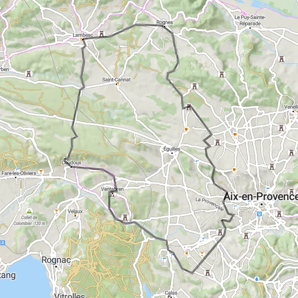 Zemljevid v pomanjšavi "Ceste skozi zgodovino Provence" kolesarske inspiracije v Provence-Alpes-Côte d’Azur, France. Generirano z načrtovalcem kolesarskih poti Tarmacs.app