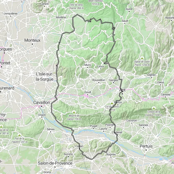 Mapa miniatúra "Náročná cesta s výhľadmi na Lambesc" cyklistická inšpirácia v Provence-Alpes-Côte d’Azur, France. Vygenerované cyklistickým plánovačom trás Tarmacs.app
