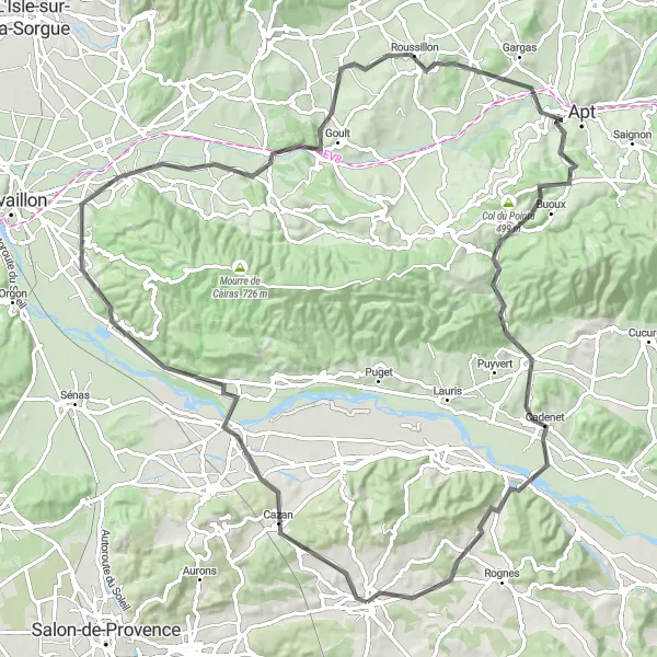 Miniaturní mapa "Cyklostezka skrz krajinu Provence" inspirace pro cyklisty v oblasti Provence-Alpes-Côte d’Azur, France. Vytvořeno pomocí plánovače tras Tarmacs.app