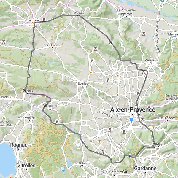 Miniaturní mapa "Okruhová cyklistická trasa kolem Lambescu" inspirace pro cyklisty v oblasti Provence-Alpes-Côte d’Azur, France. Vytvořeno pomocí plánovače tras Tarmacs.app