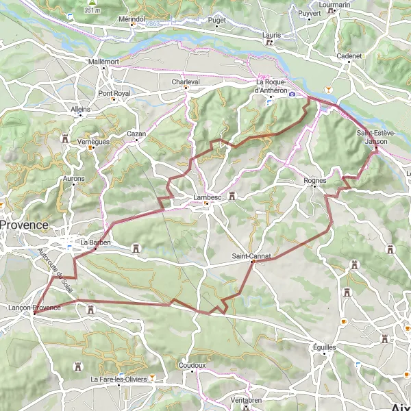 Map miniature of "Unveiling Provence's Natural Beauty" cycling inspiration in Provence-Alpes-Côte d’Azur, France. Generated by Tarmacs.app cycling route planner