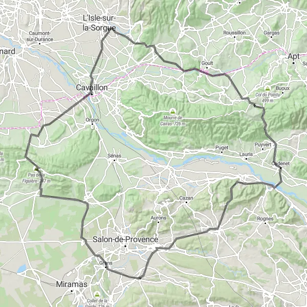 Zemljevid v pomanjšavi "Uživajte v raznolikosti Provanse" kolesarske inspiracije v Provence-Alpes-Côte d’Azur, France. Generirano z načrtovalcem kolesarskih poti Tarmacs.app