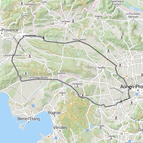 Zemljevid v pomanjšavi "Pot Lançon-Provence do La Fare-les-Oliviers" kolesarske inspiracije v Provence-Alpes-Côte d’Azur, France. Generirano z načrtovalcem kolesarskih poti Tarmacs.app