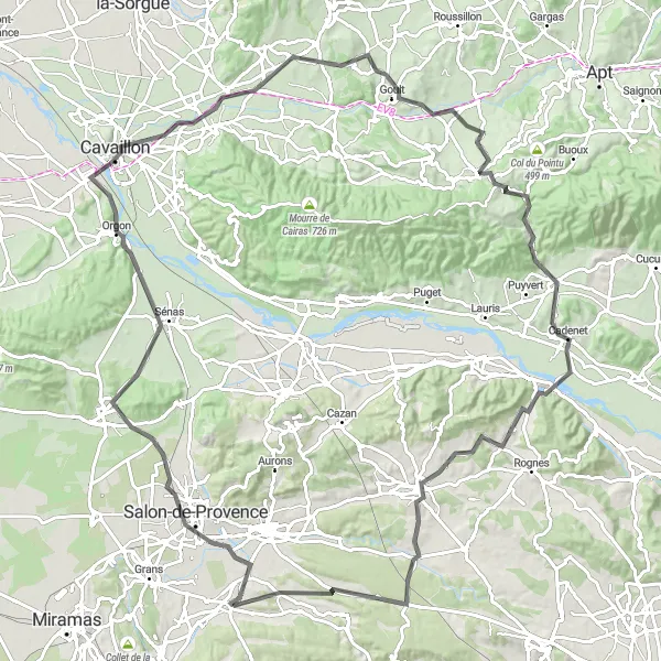 Mapa miniatúra "Dlhá asfaltová trasa cez Orgon a Coustellet" cyklistická inšpirácia v Provence-Alpes-Côte d’Azur, France. Vygenerované cyklistickým plánovačom trás Tarmacs.app