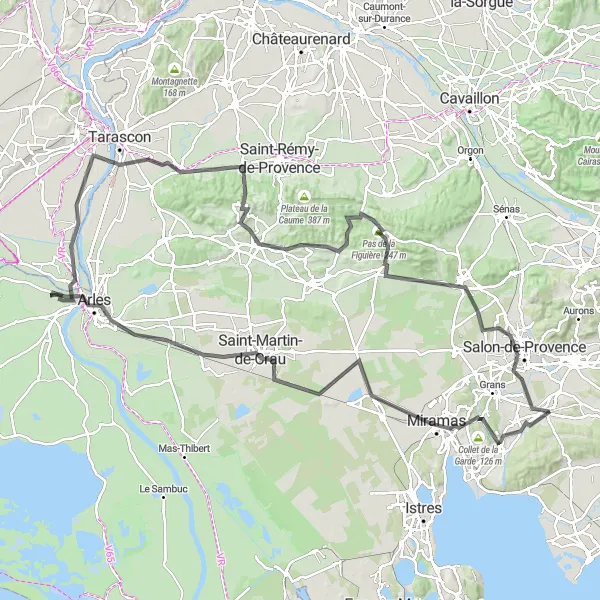 Map miniature of "Les Alpilles Loop" cycling inspiration in Provence-Alpes-Côte d’Azur, France. Generated by Tarmacs.app cycling route planner