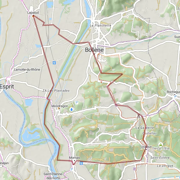Miniatura mapy "Trasa przez Bollène i Mornas" - trasy rowerowej w Provence-Alpes-Côte d’Azur, France. Wygenerowane przez planer tras rowerowych Tarmacs.app