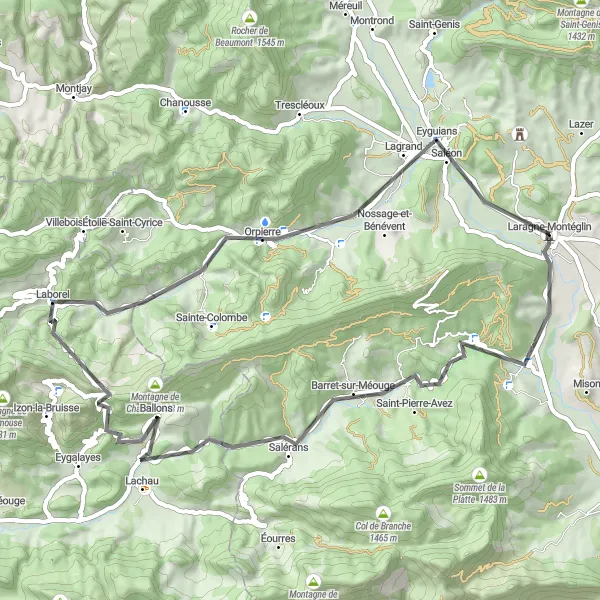 Kartminiatyr av "Gorges de la Méouge Circuit" sykkelinspirasjon i Provence-Alpes-Côte d’Azur, France. Generert av Tarmacs.app sykkelrutoplanlegger