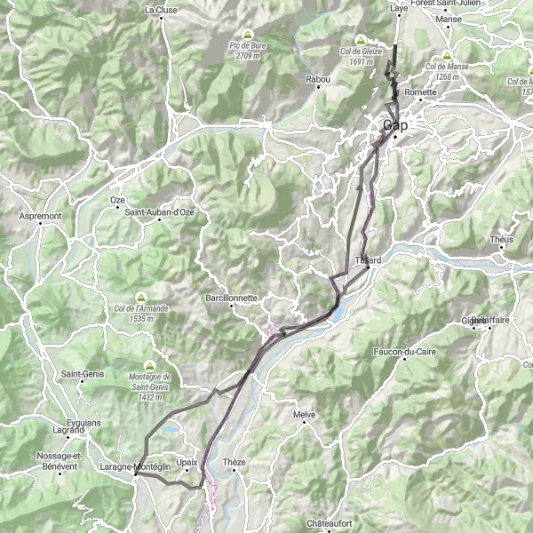 Miniatua del mapa de inspiración ciclista "Circuito de 103 km a través de Gap y Col Bayard" en Provence-Alpes-Côte d’Azur, France. Generado por Tarmacs.app planificador de rutas ciclistas