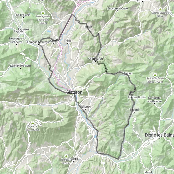 Kartminiatyr av "Laragne-Montéglin til Sisteron via Col de Fontbelle" sykkelinspirasjon i Provence-Alpes-Côte d’Azur, France. Generert av Tarmacs.app sykkelrutoplanlegger