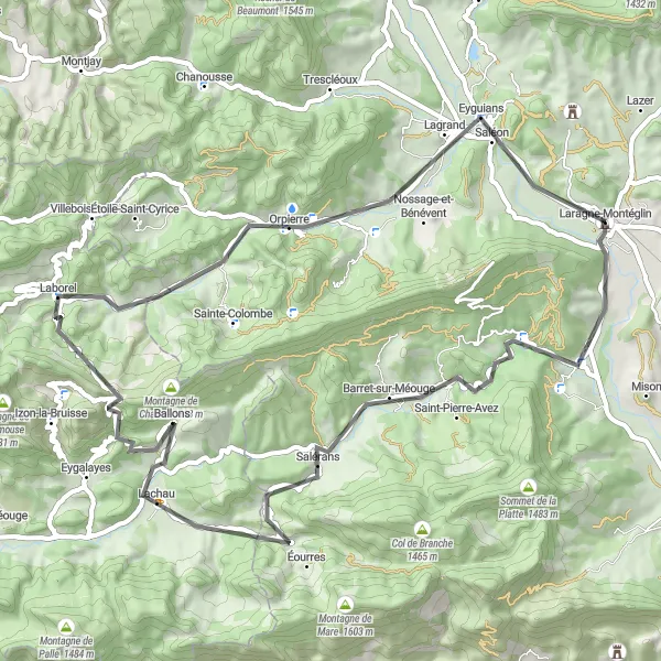 Miniatua del mapa de inspiración ciclista "Ruta de los 66 km a través de Laragne-Montéglin" en Provence-Alpes-Côte d’Azur, France. Generado por Tarmacs.app planificador de rutas ciclistas