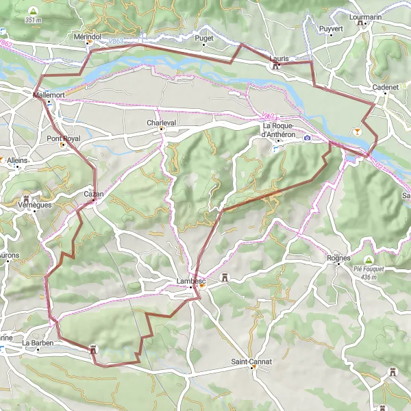 Map miniature of "Gravel Route from Lauris to Puget, France" cycling inspiration in Provence-Alpes-Côte d’Azur, France. Generated by Tarmacs.app cycling route planner