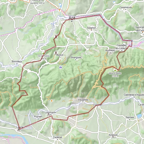 Zemljevid v pomanjšavi "Gravelska kolesarska pot med Lauris in Lourmarin" kolesarske inspiracije v Provence-Alpes-Côte d’Azur, France. Generirano z načrtovalcem kolesarskih poti Tarmacs.app
