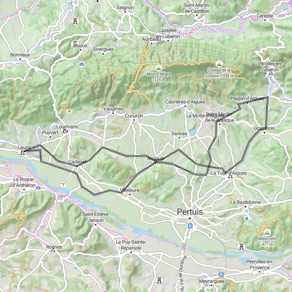Miniatua del mapa de inspiración ciclista "Ruta en Carretera por Lauris y alrededores" en Provence-Alpes-Côte d’Azur, France. Generado por Tarmacs.app planificador de rutas ciclistas