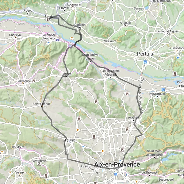 Miniatua del mapa de inspiración ciclista "Excursión en Bicicleta a Venelles y Rognes" en Provence-Alpes-Côte d’Azur, France. Generado por Tarmacs.app planificador de rutas ciclistas