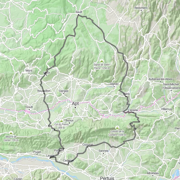 Mapa miniatúra "Road trasa cez Luberon" cyklistická inšpirácia v Provence-Alpes-Côte d’Azur, France. Vygenerované cyklistickým plánovačom trás Tarmacs.app