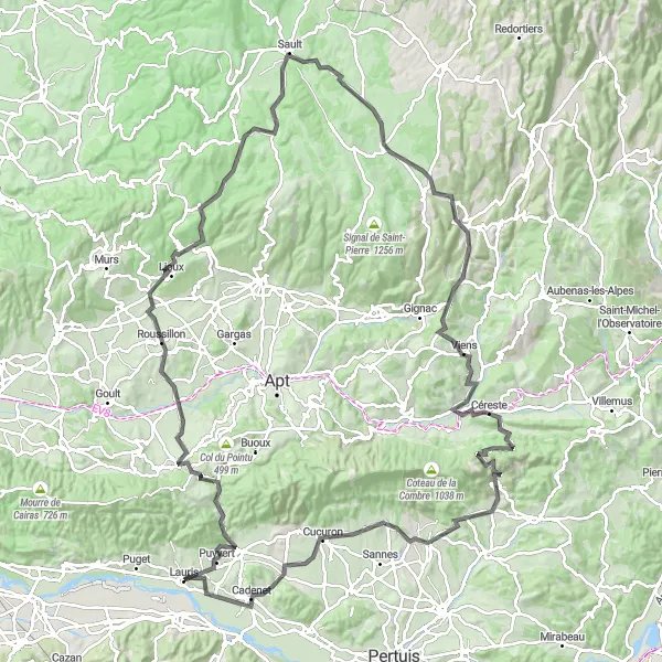 Karttaminiaatyyri "Provencen kukkulat ja kylien kauneus" pyöräilyinspiraatiosta alueella Provence-Alpes-Côte d’Azur, France. Luotu Tarmacs.app pyöräilyreittisuunnittelijalla