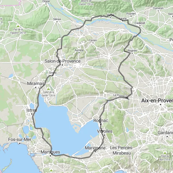 Miniatua del mapa de inspiración ciclista "Ruta escénica por la Provenza en Carretera" en Provence-Alpes-Côte d’Azur, France. Generado por Tarmacs.app planificador de rutas ciclistas