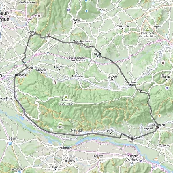 Miniatua del mapa de inspiración ciclista "Ruta de Ciclismo a Mérindol y Puyvert" en Provence-Alpes-Côte d’Azur, France. Generado por Tarmacs.app planificador de rutas ciclistas