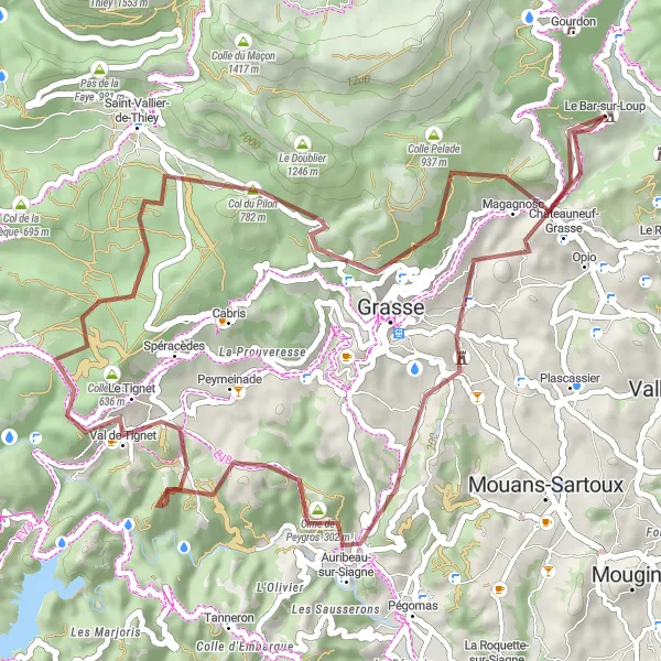 Miniaturní mapa "Cyklistická trasa kolem Le Bar-sur-Loup (štěrk)" inspirace pro cyklisty v oblasti Provence-Alpes-Côte d’Azur, France. Vytvořeno pomocí plánovače tras Tarmacs.app