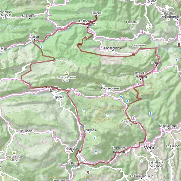 Miniaturní mapa "Okružní cyklistická trasa od Le Bar-sur-Loup" inspirace pro cyklisty v oblasti Provence-Alpes-Côte d’Azur, France. Vytvořeno pomocí plánovače tras Tarmacs.app