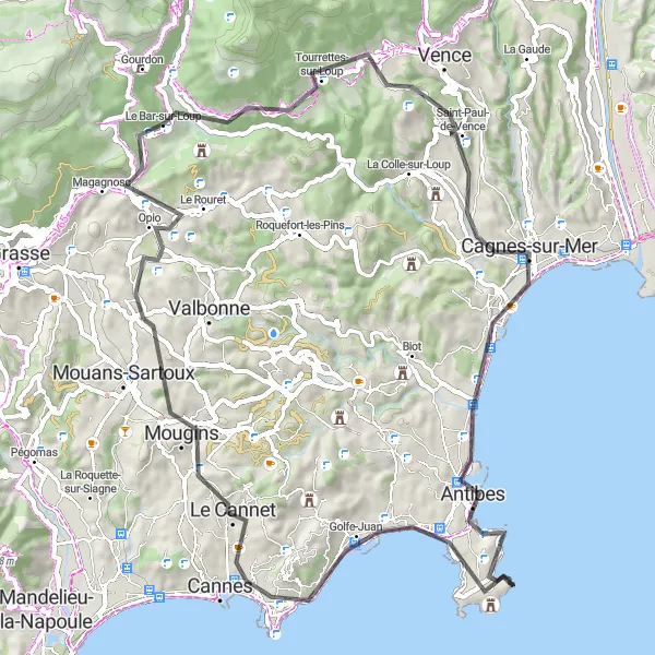 Miniaturní mapa "Zajímavá cyklistická trasa přes Le Bar-sur-Loup a Antibes" inspirace pro cyklisty v oblasti Provence-Alpes-Côte d’Azur, France. Vytvořeno pomocí plánovače tras Tarmacs.app