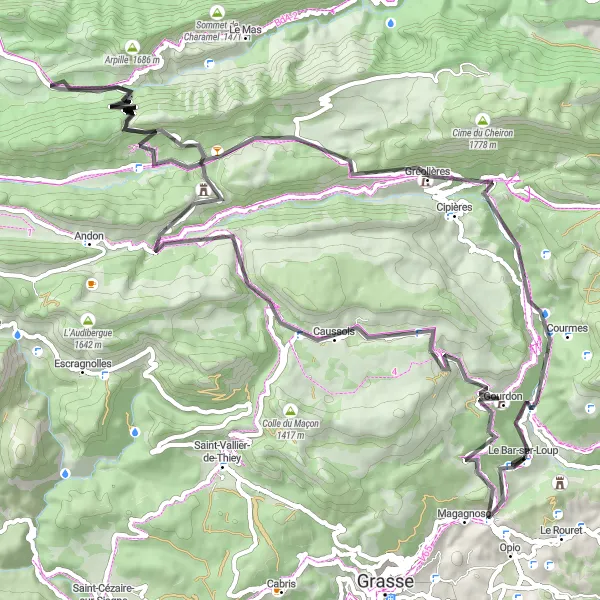 Miniaturní mapa "Okružní cyklistická trasa od Le Bar-sur-Loup" inspirace pro cyklisty v oblasti Provence-Alpes-Côte d’Azur, France. Vytvořeno pomocí plánovače tras Tarmacs.app