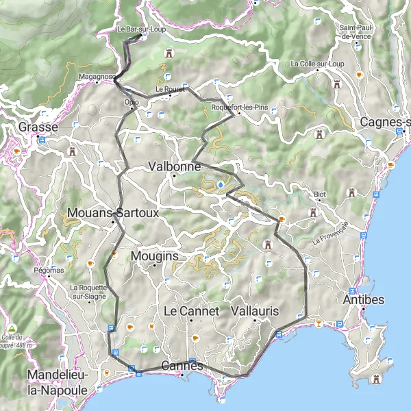 Kartminiatyr av "Oppdag Rivieraen på to hjul fra Le Bar-sur-Loup" sykkelinspirasjon i Provence-Alpes-Côte d’Azur, France. Generert av Tarmacs.app sykkelrutoplanlegger