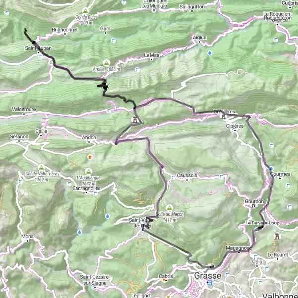 Mapa miniatúra "Road cez Saint-Auban" cyklistická inšpirácia v Provence-Alpes-Côte d’Azur, France. Vygenerované cyklistickým plánovačom trás Tarmacs.app