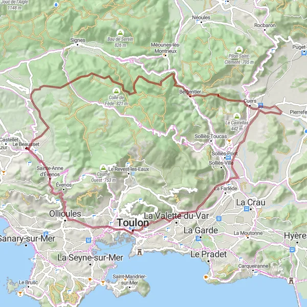 Zemljevid v pomanjšavi "Razburljiva gravel kolesarska pot v okolici Le Beausset" kolesarske inspiracije v Provence-Alpes-Côte d’Azur, France. Generirano z načrtovalcem kolesarskih poti Tarmacs.app