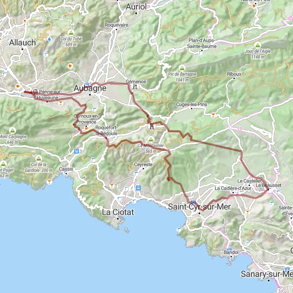 Mapa miniatúra "Gravelová trasa okolo La Cadière-d'Azur" cyklistická inšpirácia v Provence-Alpes-Côte d’Azur, France. Vygenerované cyklistickým plánovačom trás Tarmacs.app