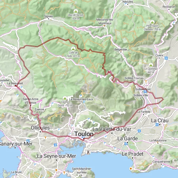 Miniatua del mapa de inspiración ciclista "Ruta de Ciclismo por Grava hacia Le Beausset" en Provence-Alpes-Côte d’Azur, France. Generado por Tarmacs.app planificador de rutas ciclistas