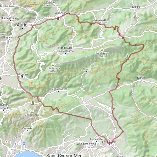 Mapa miniatúra "Gravel okruh cez Col de l'Ange a Le Beausset" cyklistická inšpirácia v Provence-Alpes-Côte d’Azur, France. Vygenerované cyklistickým plánovačom trás Tarmacs.app
