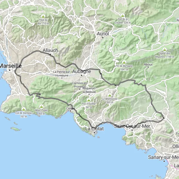 Miniatua del mapa de inspiración ciclista "Ruta Escénica por Carretera hacia Aubagne y Le Beausset" en Provence-Alpes-Côte d’Azur, France. Generado por Tarmacs.app planificador de rutas ciclistas