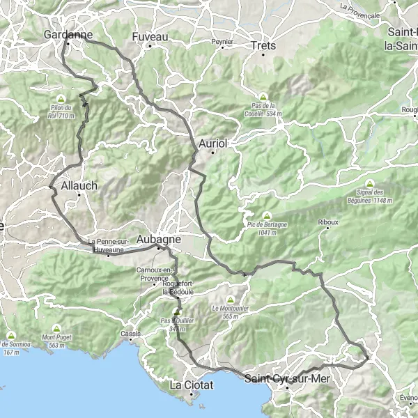 Miniaturní mapa "Road Cyklotrasa La Cadière-d'Azur - Le Beausset" inspirace pro cyklisty v oblasti Provence-Alpes-Côte d’Azur, France. Vytvořeno pomocí plánovače tras Tarmacs.app