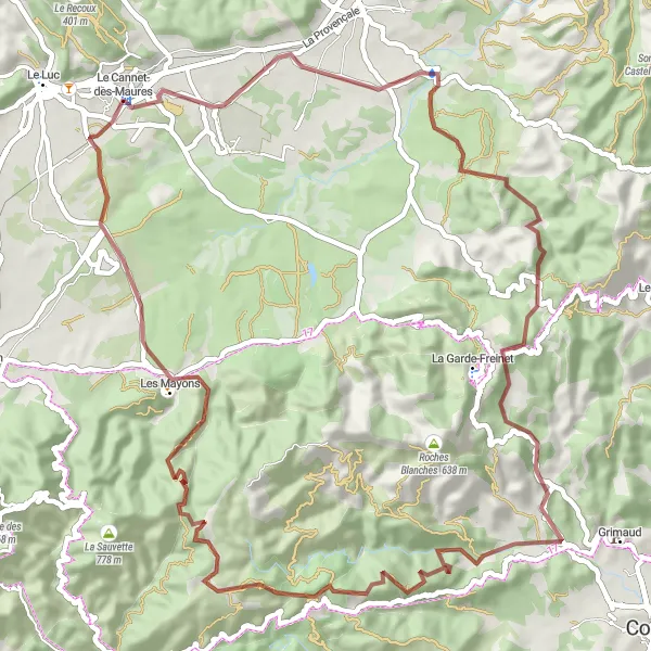 Miniaturní mapa "Gravel do divočiny" inspirace pro cyklisty v oblasti Provence-Alpes-Côte d’Azur, France. Vytvořeno pomocí plánovače tras Tarmacs.app