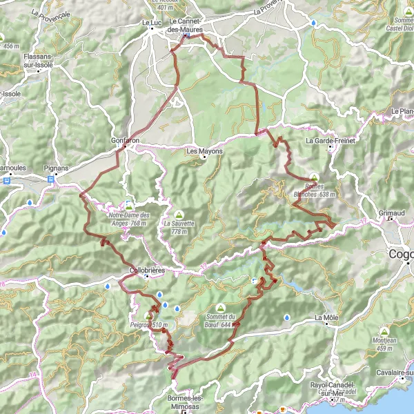 Miniatua del mapa de inspiración ciclista "Ruta de Ciclismo en Grava desde Le Cannet-des-Maures" en Provence-Alpes-Côte d’Azur, France. Generado por Tarmacs.app planificador de rutas ciclistas