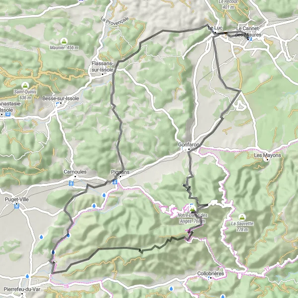 Zemljevid v pomanjšavi "Pot Le Cannet-des-Maures - Le Luc" kolesarske inspiracije v Provence-Alpes-Côte d’Azur, France. Generirano z načrtovalcem kolesarskih poti Tarmacs.app